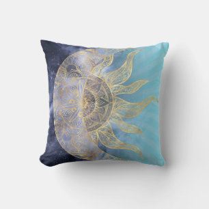 Gold Moon Sun Mandala Celestial Design Cushion