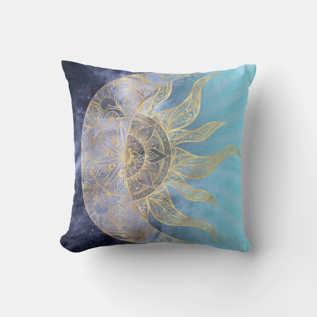 Gold Moon Sun Mandala Celestial Design Cushion (Front)