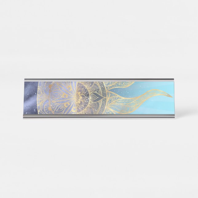 Gold Moon Sun Mandala Celestial Design Desk Name Plate (Front)