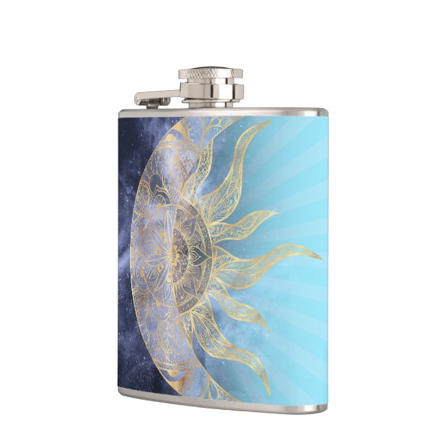 Gold Moon Sun Mandala Celestial Design Hip Flask (Left)