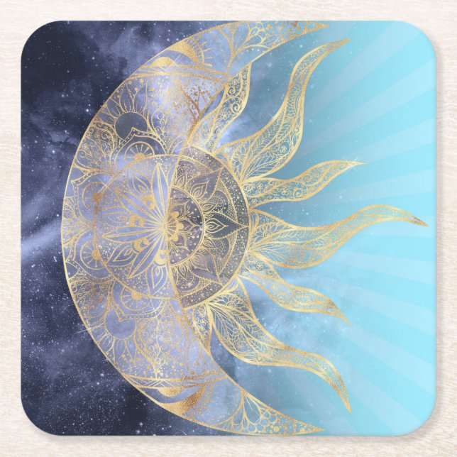 Gold Moon Sun Mandala Celestial Design Square Paper Coaster (Front)