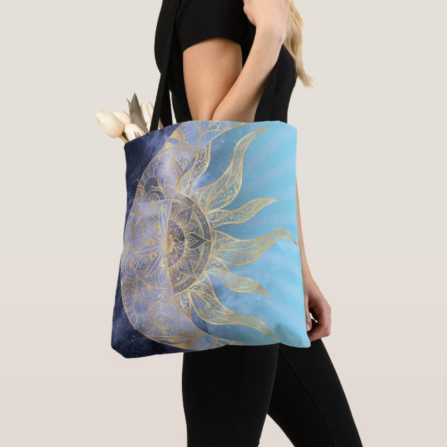 Gold Moon Sun Mandala Celestial Design Tote Bag (Close Up)