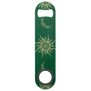 Gold Moon Sun Mandala Green Pattern