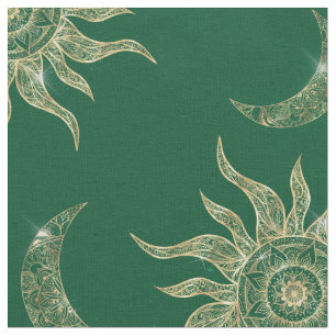 Gold Moon Sun Mandala Green Pattern Fabric