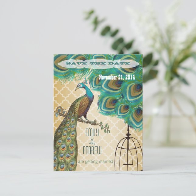 Gold Moroccan Tile Peacock Birdcage Save the Date Announcement Postcard (Standing Front)