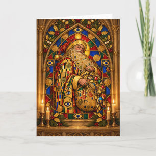 Gold Mosaic Stained Glass Santa Claus Christmas Holiday Card