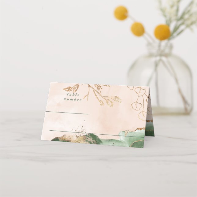 Gold Moss Eucalyptus | Modern Abstract Watercolor Place Card (Front)