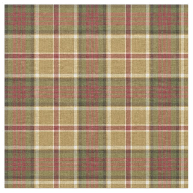 Gold, Moss Green and Red Plaid Fabric (Close Up)