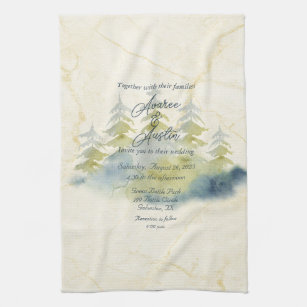 Gold Mountain Backdrop Green Blue Trees Invitation Tea Towel