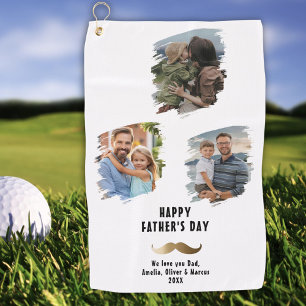 Gold Moustache Happy Father's Day 3 Photo Golf Towel