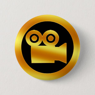 Gold Movie Camera Symbol 6 Cm Round Badge