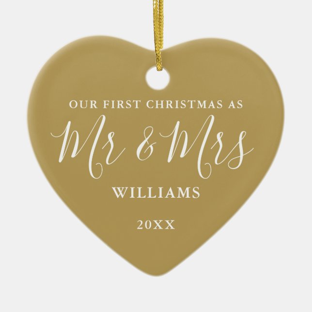 Gold Mr And Mrs First Christmas Signature Script Ceramic Ornament (Front)