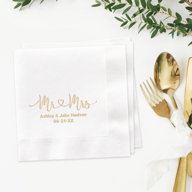 Gold Mr and Mrs Heart Script Wedding Foil Napkins (Creator Uploaded)