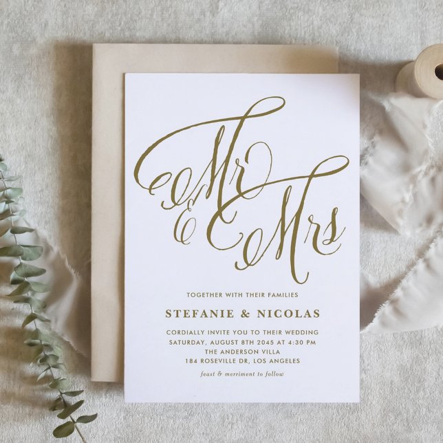 Gold Mr. and Mrs. Rustic Calligraphy Wedding Invitation (Gold Mr. and Mrs. Rustic Calligraphy Wedding Invitation)
