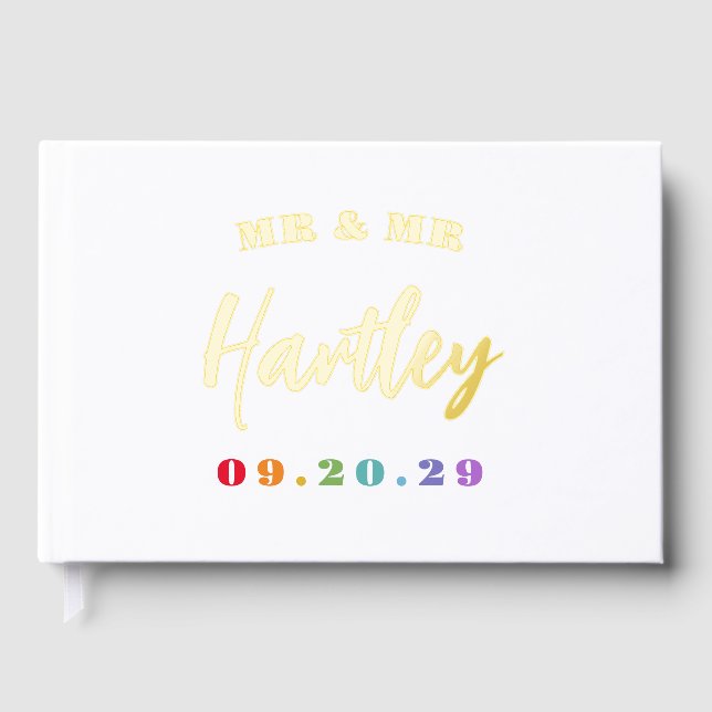 Gold Mr & Mr Rainbow Date Gay Wedding Guest Book (Front)