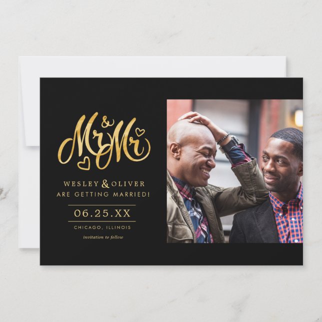 Gold Mr. & Mr. Script - Save the Date with Photo (Front)