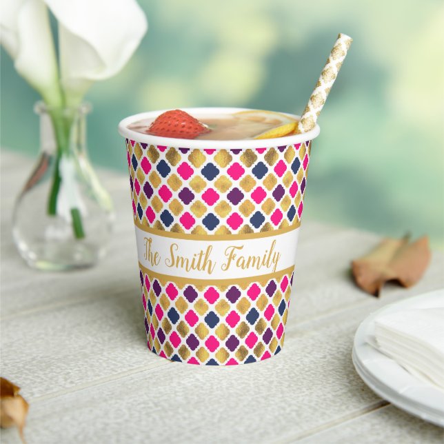Gold Multicolor Quatrefoil Pattern  Paper Cups (Insitu)