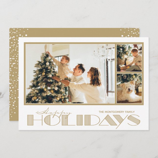 Gold Multiple Photo Happy Holiday Card (Front/Back)