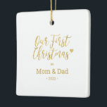 Gold Mum & Dad Parents First Christmas Photo Ceramic Ornament<br><div class="desc">Celebrate the season with this stylish first Christmas photo ornament for the family. This design features modern lettering " Our First Christmas as Mum & Dad" with a cute heart icon. You can add your photo and personalise the text. More holiday gifts and cards are available at my shop BaraBomDesign....</div>