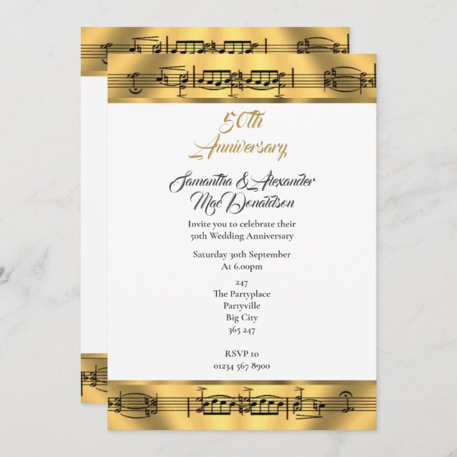 Gold music 50th wedding anniversary invitation (Front/Back)