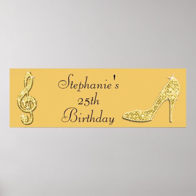 Gold Music Note and Stiletto 25th Birthday Poster (Front)