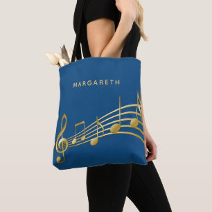Gold music notes classic blue musician name tote bag
