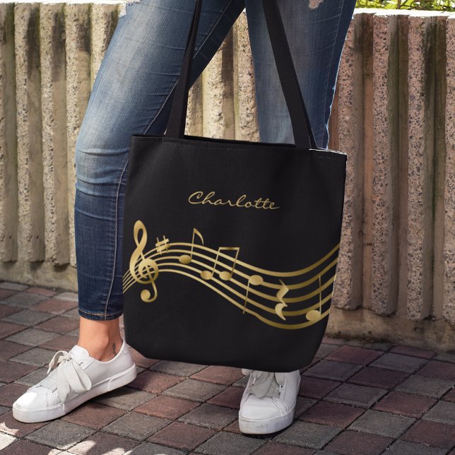 Gold Music Notes Custom Singer Modern Black Tote Bag (Creator Uploaded)