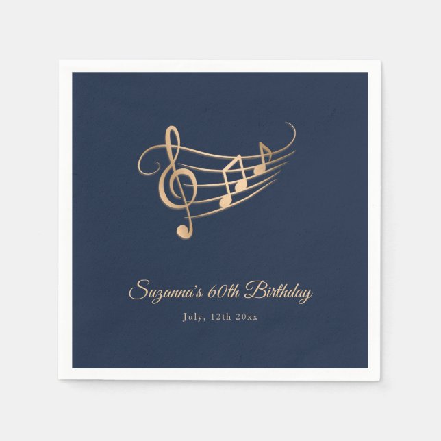 Gold Music Notes Elegant Script Birthday Napkin (Front)