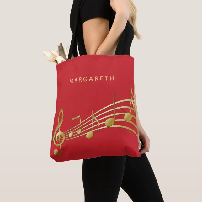 Gold music notes flame scarlet red musician name tote bag (Close Up)