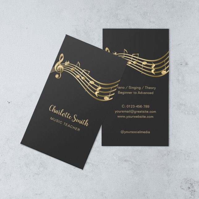 Gold Music Notes Music Teacher Elegant Business Card (Creator Uploaded)