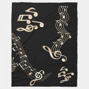 Gold Music Notes on Black Medium Fleece Blanket