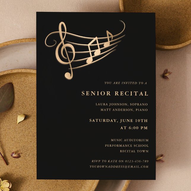 Gold Music Notes Senior Recital Elegant Invitation (Creator Uploaded)