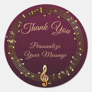 Gold Music Notes Thank You Personalised Design Classic Round Sticker