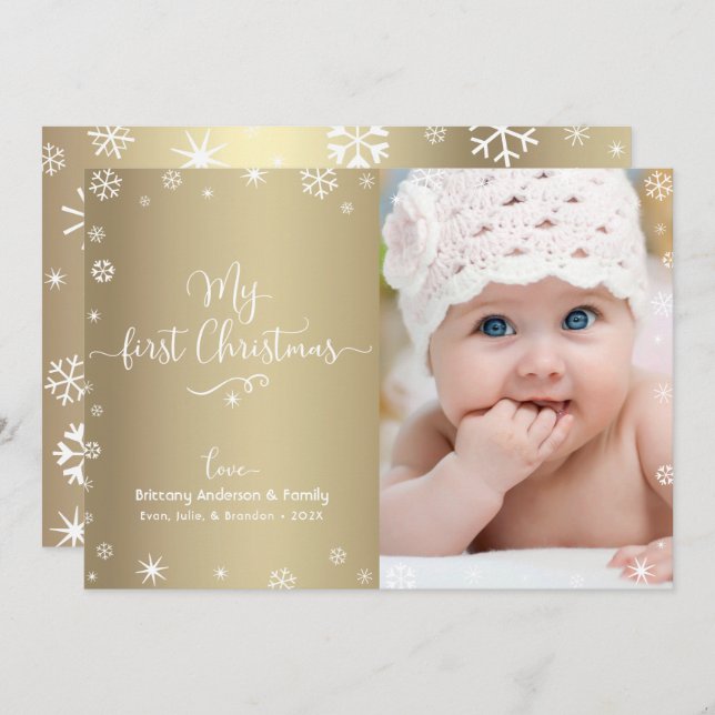 Gold My First Christmas Baby Photo Snowflakes Chic Holiday Card (Front/Back)