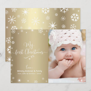 Gold My First Christmas Baby Photo Snowflakes Chic Holiday Card