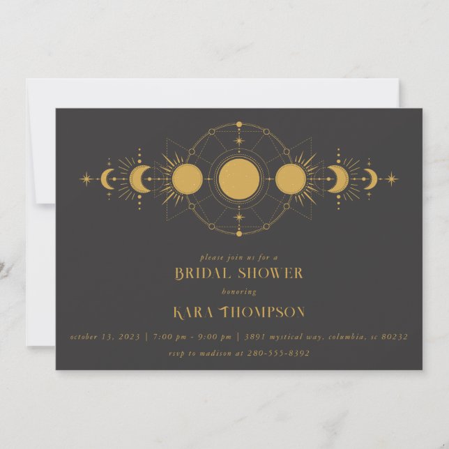Gold Mystical Moon Modern Celestial Bridal Shower Invitation (Front)