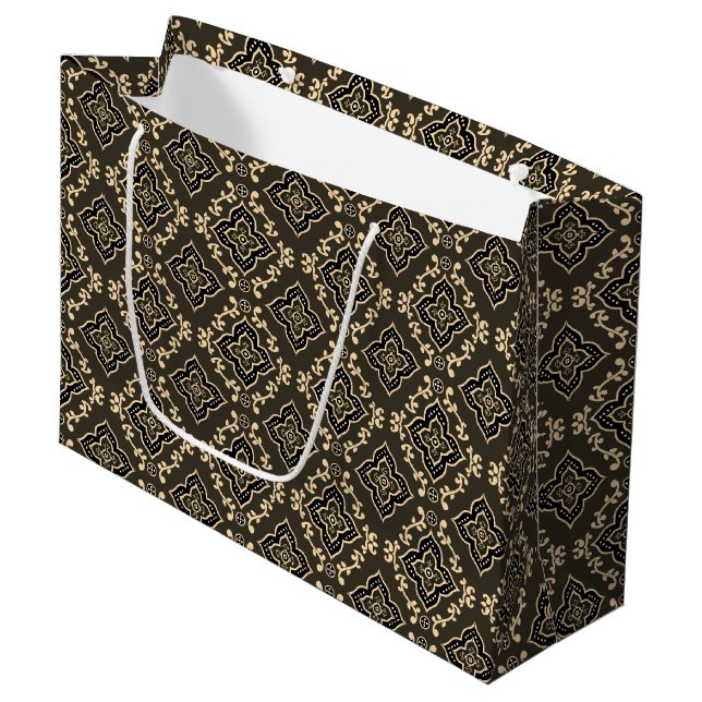 Gold n Brown Geometric Pattern / Indian Print  Large Gift Bag (Front Angled)