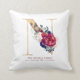 Gold N Monogram Floral Burgundy Red and Navy Blue Cushion