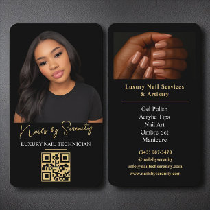 Gold Nails Technician QR Code Luxury Black  Business Card