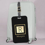 Gold Name & Black Monogram Over Gold Box  Luggage Tag<br><div class="desc">Personalise gold name and black monogram on gold box with black border on black background.</div>