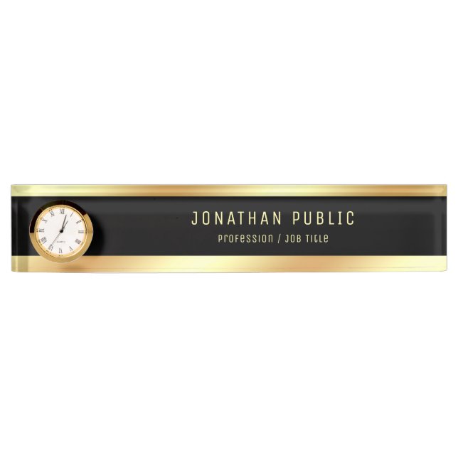Gold Name Elegant Modern Black Template With Clock Nameplate (Front)