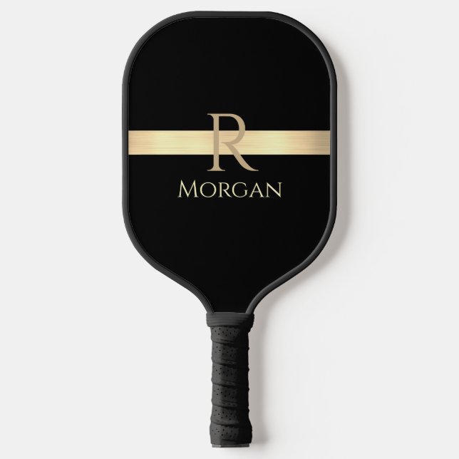 Gold Name & Monogram, Gold Bar on Black Pickleball Paddle (Front)
