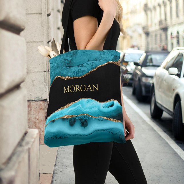 Gold Name on Black, Gold & Teal Agate Tote Bag (Creator Uploaded)