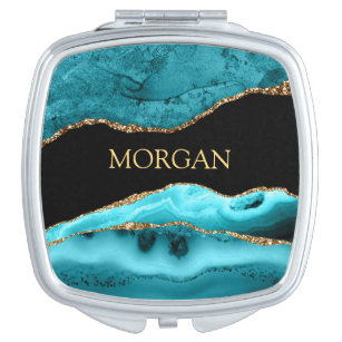 Gold Name or Monogram, Black, Gold & Teal Agate Compact Mirror