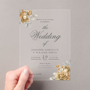 Gold Natural Rustic Floral Elegant Script Wedding  Acrylic Invitations
