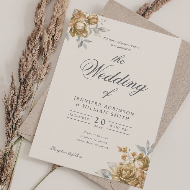 Gold Natural Rustic Floral Elegant Script Wedding  Invitation (Gold Natural Rustic Floral Elegant Script Wedding Invitation)