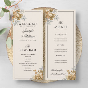 Gold Natural Rustic Floral Wedding Program Menu