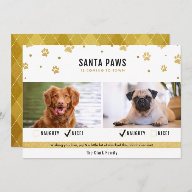 Gold Naughty or Nice Two Dog Christmas Photo Card (Front/Back)