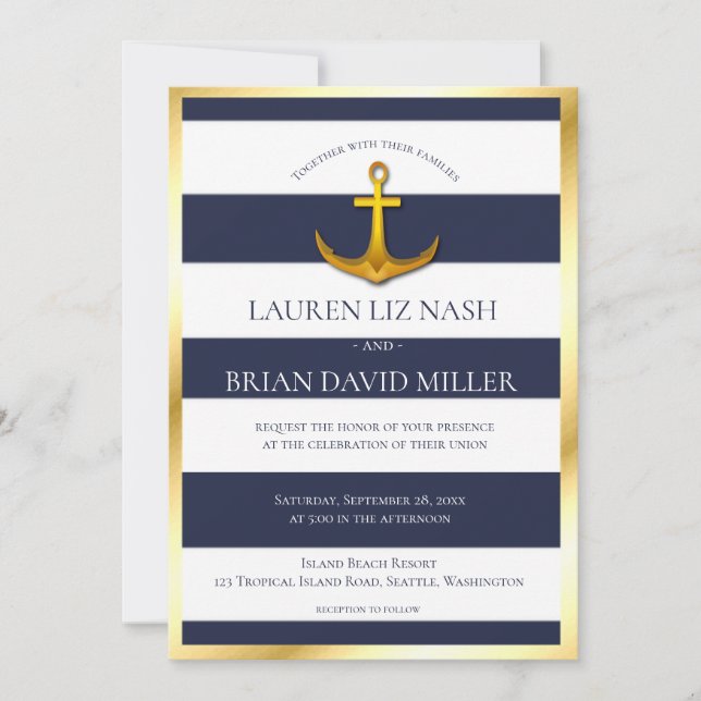 Gold Nautical Anchor Navy Blue & White Wedding Invitation (Front)