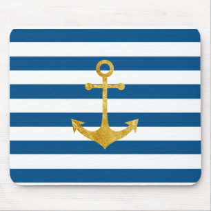 gold nautical anchor on blue stripes mouse pad